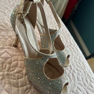 Women's T-Strap Crystal Peep-Toe Heels in Champagne